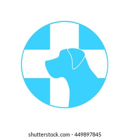 dog and a cross mark the veterinary clinic, pet health, web icon white silhouette on a blue background. vector illustration, medical sign