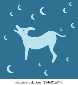 A dog crying in a blue background with little moons