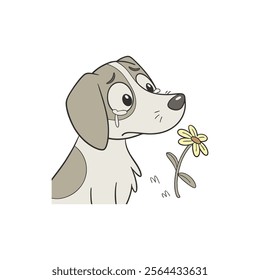 a dog crying and holding flower