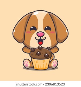 dog with cup cake cartoon vector illustration.