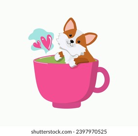 Dog in a cup. Cartoon puppy. Hearts, Valentine's Day card design. Vector illustration, white background isolated.