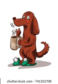 Dog with cup of coffee and cigarette in color vector