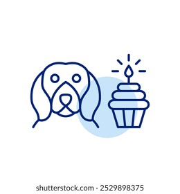 Dog and cupcake with lit candle. Pet birthday and treats. Pixel perfect vector icon