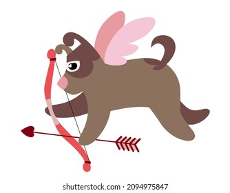 Dog Cupid With Bow And Arrow. Funny Character In Flat Style