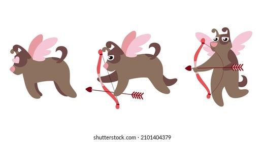 Dog Cupid In Different Poses. Cute Character In Flat Style