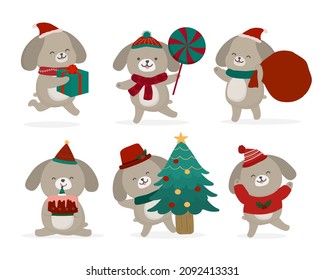 Dog cute cartoon vector kawaii funny character in christmas theme. Design element for invitation card, party, New Year's, Christmas, birthday, T-shirt, greeting card, poster, print and publication