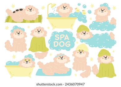 Perro lindos personajes en diferentes poses disfrutando de servicio de aseo profesional, haciendo actividad de higiene y belleza spa conjunto. Adorable cachorro esponjoso animal de compañía en groomer salón ilustración vectorial