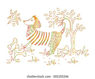 Dog cute and floral hand drawing illustration. Decorative style