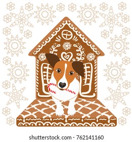 Dog with cute gingerbread  doghouse and candy cane in its mouth. Happy Holidays card with glad Jack Russell Terrier and snowflakes. Vector illustration on white background.