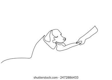 perro lindo mano humana sostener ayuda juntos educación vida una línea arte diseño Vector