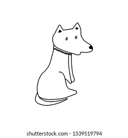 Dog cute with a leash doodle isolated on white background. Husky puppy. Vector hand drawn illustration.Design t shirt, cup, greeting card, postcard. Outline print.Protection against thieves.Pet pooch.