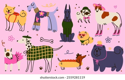 Dog cute. Pet animal funny in clothes. Icon character, happy day doodle cartoon pets about love. Little puppy sketch. Drawn Labrador and poodle. Vector cartoon flat isolated childish illustration