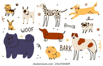 Dog cute. Pet character funny in different active poses. Animal drawing doodle style drawing. Icon pattern cartoon fun. Happy Dalmatian and puppy. Kids background zoo line. Vector baby illustration