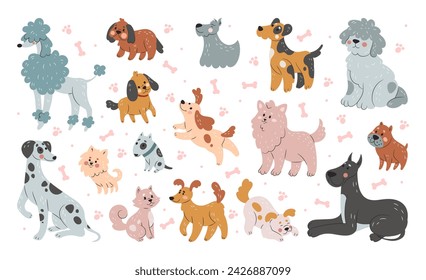 Dog cute. Pet line, funny character animal, icon pattern, set sketch doodle, art cartoon fun happy characters, action decoration design, baby decor nursery and textile. Vector tidy isolated background