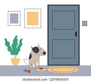 Hunde süße Haustiere warten seinen Besitzer sitzend nahe Tür Konzept. Vektorgrafik-Design-Illustration