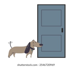 Perro lindo mascota espera a su dueño sentado cerca del concepto de la puerta. Vector Diseño gráfico ilustración