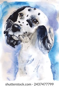 Dog, cute puppy watercolor illustration. Kids drawing, children art. Poster, print, painting. Cutie portrait, full face. White, sky blue background. Lovely pet. Kind look, beautiful sad eyes