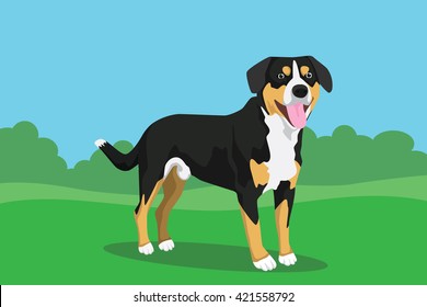 dog cute single isolated with grass and bush tree background vector graphic illustration