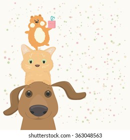 Dog dachshund, cat and hamster. Vector illustration. Can be used in web design, printed on fabric/paper, as a background, or as an element in a composition or as gift card.