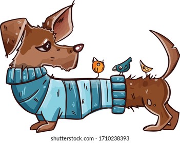 Dog dachshund in clothes. Hand drawn illustration 01