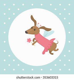 Dog dachshund fairy. Vector illustration. Can be used in web design, printed on fabric/paper, as a background, or as an element in a composition.