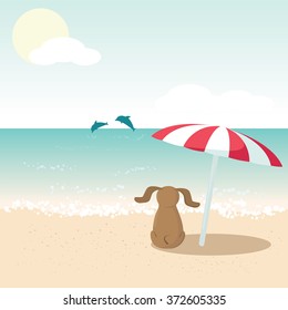 Dog dachshund on the beach looking at the ocean with a pair of playing dolphins. Vector illustration. 