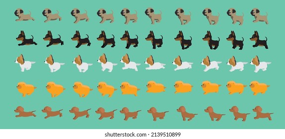 Dog Dachshund Pomeranian Papillon Miniature Pinscher Pug Walking Running Cartoon Vector Set