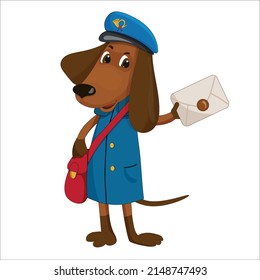 Dog Dachshund Postman With A Bag, In A Hat Holding An Envelope With A Letter