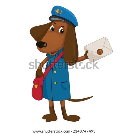 Dog dachshund postman with a bag, in a hat holding an envelope with a letter