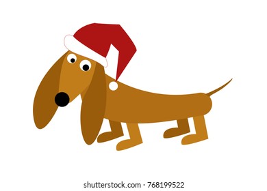 Dog dachshund in the red cap of Santa Claus. Chinese symbol of 2018. Eastern horoscope. Happy New Year and Merry Christmas!
