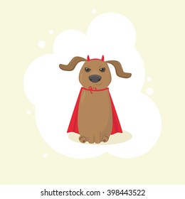 Dog dachshunds in a devil costume with a crimson cape and small red horns on its head. Vector illustration.