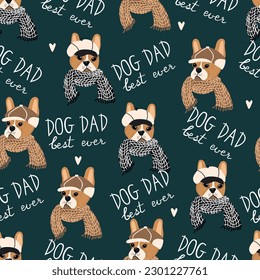 Dog Dad best ever seamless pattern.Character head in a cap and scarf and hand written text. Beige, black colors on a dark green background.Print on fabric and paper.Vector flat cartoon illustration.