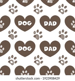 Dog dad and cute brown hearts and doodle paws. Happy Father's Day background, fabric design seamless pattern