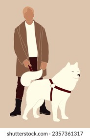 dog dad, dog owner, abstract man with a samoyed dog, isolated vector illustration, poster