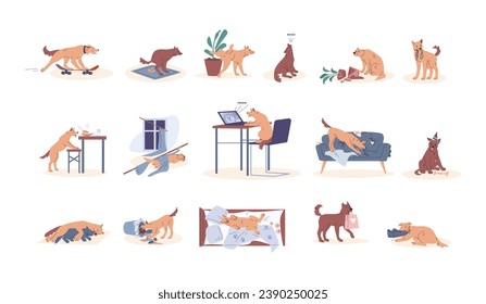 Dog daily life. Bad and good puppy behavior. Young pet destroyed furniture, celebration birthday, using laptop and hold gift. Animal kicky vector scenes