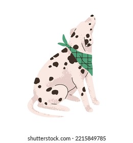 Dog Of Dalmatian Breed. Cute Bicolor Doggy With Black Spots On Hair, Coat. Purebred Canine Animal. Spotty Dalmation Pet Looking Up. Flat Vector Illustration Isolated On White Background