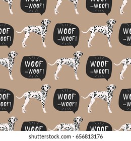 Dog dalmatian seamless pattern colorful with hand drawn banner woof-woof