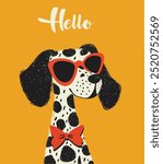 Dog dalmatian vector illustration colorful with hand drawn banner woof-woof.Hand Drawn Vector Fashion Portrait of Dalmatian dog.Can be used for t-shirt print, kids wear fashion design, baby shower art