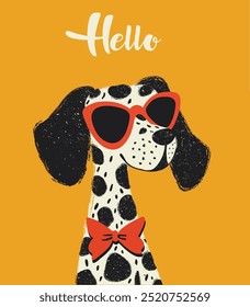 Dog dalmatian vector illustration colorful with hand drawn banner woof-woof.Hand Drawn Vector Fashion Portrait of Dalmatian dog.Can be used for t-shirt print, kids wear fashion design, baby shower art