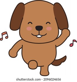 Dog Dancing Happily With Musical Notes. Vector Illustration Isolated On A White Background.