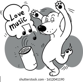 Dog dancing, vector illustration, love music