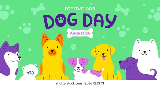 Dog day banner with different dog breeds. Cute dog day poster with funny vector puppies.