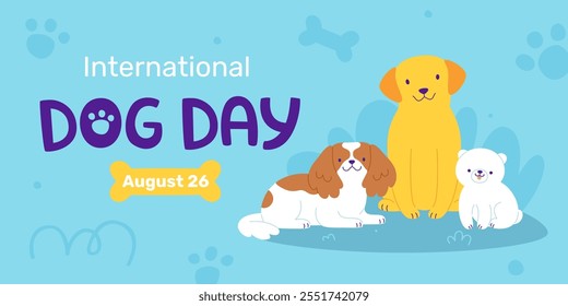 Dog day banner template with cartoon puppy. Vector dog day poster with purebred dogs.