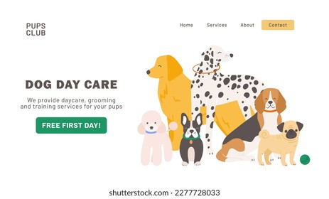 Dog Day Care Landing page design. Modern website home page background template.