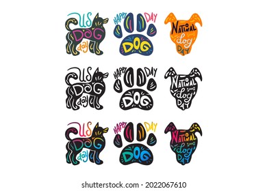 Dog day celebration badge collection set vector. Pet body, paw and head muzzle silhouette different color. Domestic animal happy traditional national festival event flat cartoon illustration