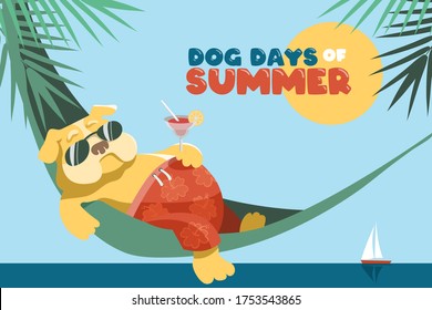 Dog days of summer. A cute fat English bulldog lies in a hammock with a glass of margarita. Sea and palm trees. Vector illustration or greeting card in cartoon style.