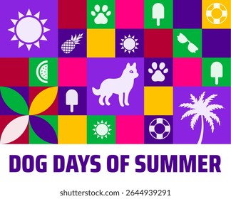 Dog Days of Summer Graphic Geometric shape pattern Colorful Vector Background with Dog, Paw Prints, Palm Tree, and Summer Icons for Warm Weather Fun.