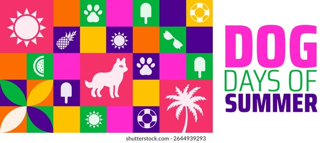 Dog Days of Summer Graphic Geometric shape pattern Colorful Vector Background with Dog, Paw Prints, Palm Tree, and Summer Icons for Warm Weather Fun.