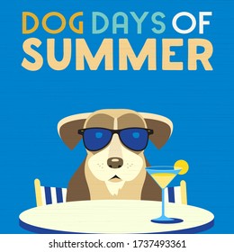 Dog days of Summer Time for adventure. Cute comic cartoon. Colorful humor retro style. Canine in sunglasses enjoy beach leisure relax. Summertime vacation journey. Vector banner background template