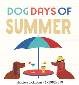Dog days of Summer Time for adventure. Cute comic cartoon. Colorful humor retro style. Canine in sunglasses enjoy beach leisure relax. Summertime vacation journey. Vector banner background template